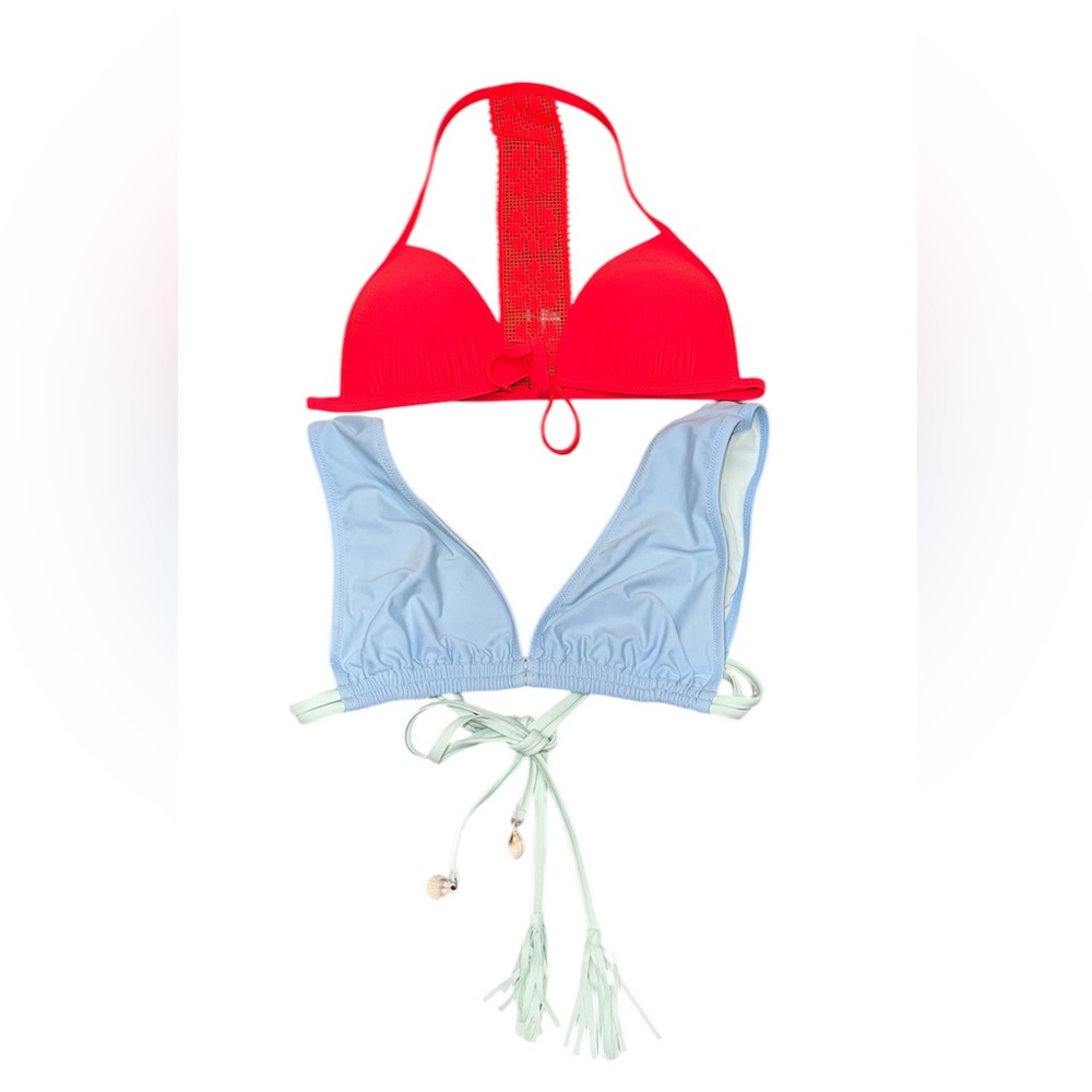 Aerie Neon Coral Crochet Racerback Triangle & Tassel Plunge bathing suit top